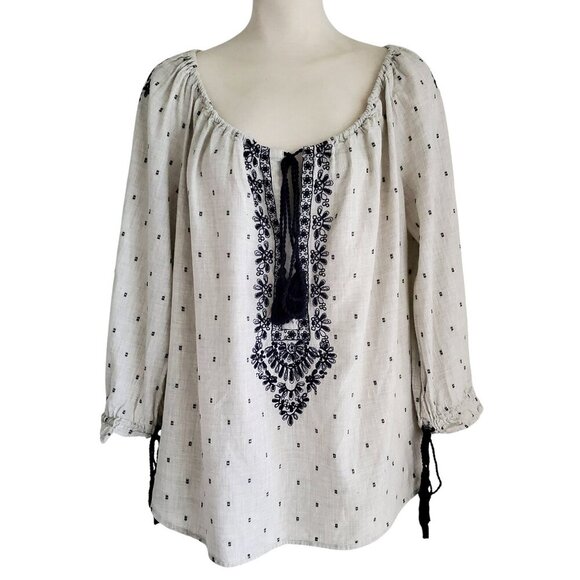 ZARA Boho Embroidered Peasant Top Unbleached Cotton with Navy Blue Stitching XL - Picture 4 of 16